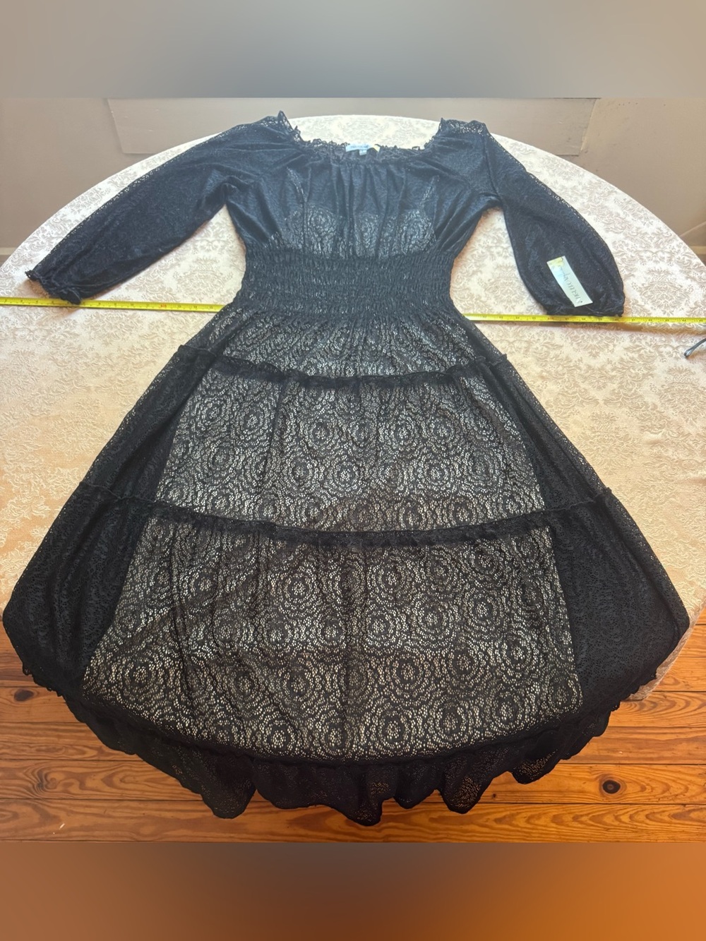 Smocked Waist Black Lace Midi Dress - Long Sleeve